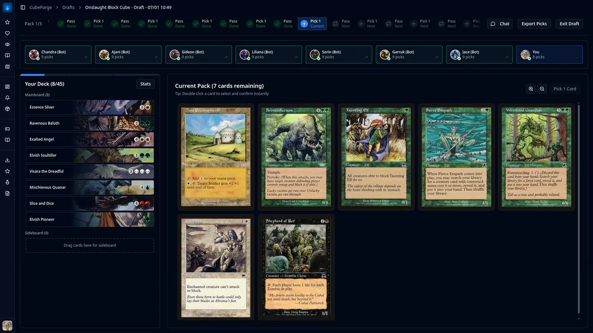 CubeForge 0.7.10 release notes showing an online draft session
