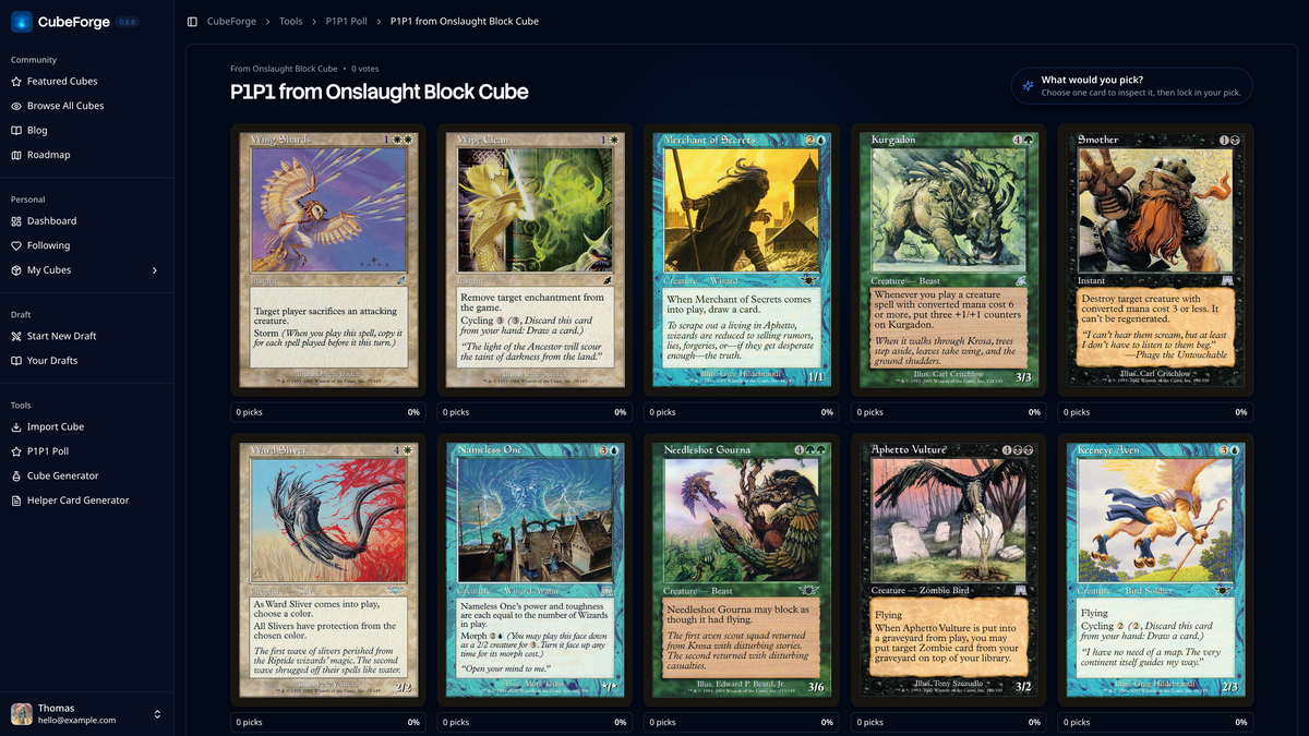 CubeForge P1P1 poll showing a pack from an Onslaught block cube and the results beneath each card