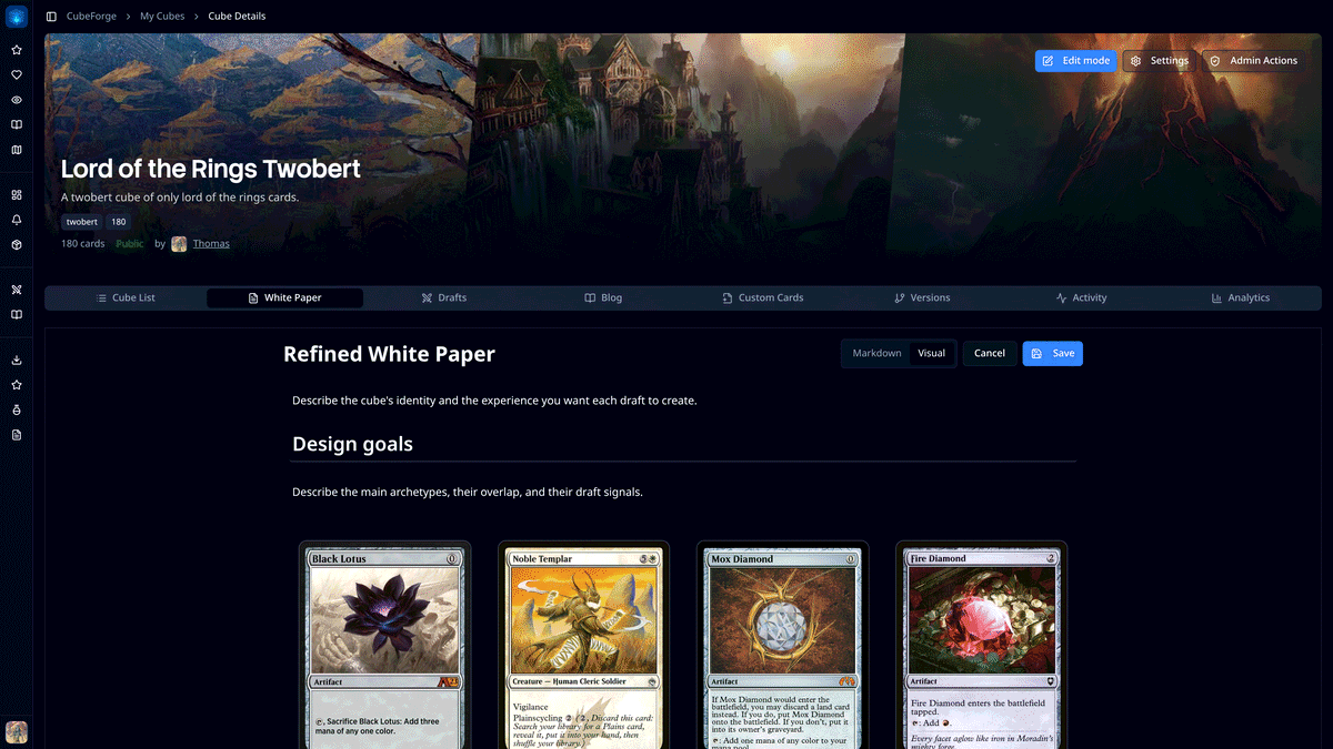 CubeForge White Paper visual editor showing a cube design document with card images